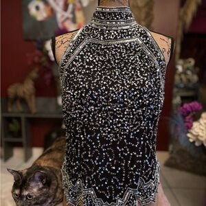 Elegant Black and Silver Embellished Women's Top